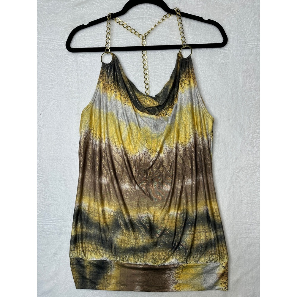 Dots Y2K Tank Top Womens XL Yellow Brown Gold Chain Strap Cowl Neck Shimmer